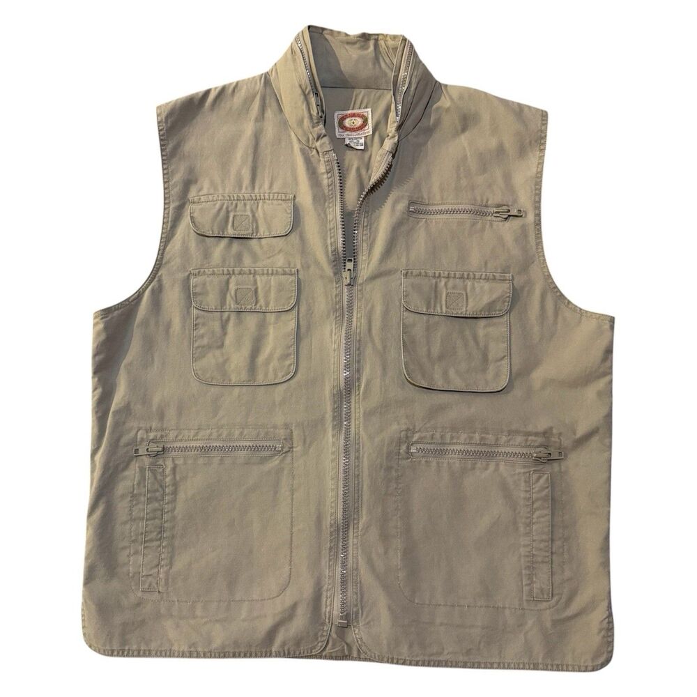 Vtg 80s Banana Republic Safari Bush Travel Vest XL Hooded Cotton Khaki 25.5x28.5